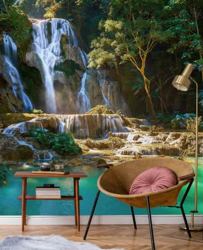 fondo de pantalla de selva con laguna azul y cascada