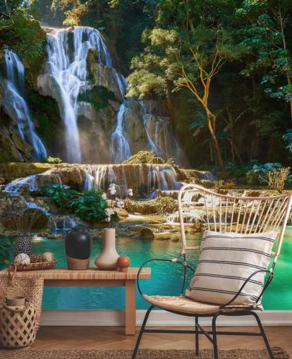 jungle with blue lagoon and waterfall wallpaper