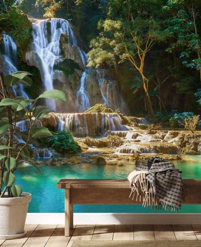 fondo de pantalla de selva con laguna azul y cascada