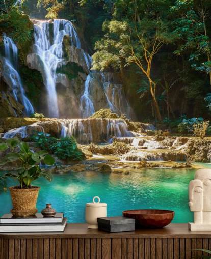 fondo de pantalla de selva con laguna azul y cascada