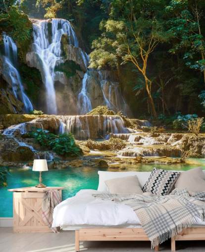 jungle met blauwe lagune en watervalbehang jungle met blauwe lagune en watervalbehang