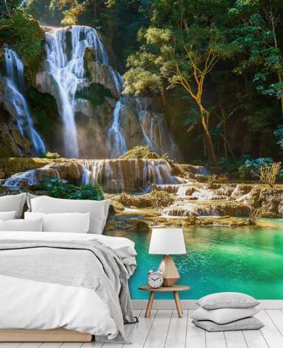 jungle with blue lagoon and waterfall wallpaper