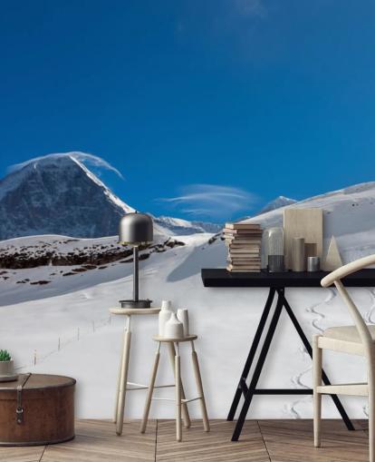 blue and white customizable mountain wallpaper called The Eiger for bedrooms, man caves and home offices