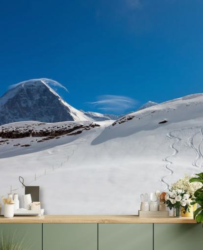 blue and white customizable mountain wallpaper called The Eiger for bedrooms, man caves and home offices