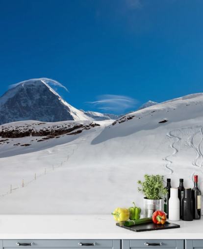 blue and white customisable mountain wallpaper called The Eiger for bedrooms, man caves and home offices