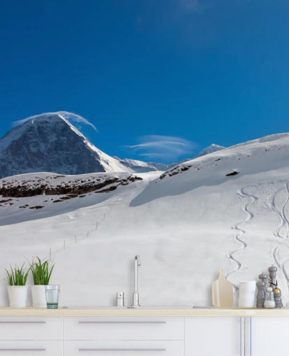 blue and white customizable mountain wallpaper called The Eiger for bedrooms, man caves and home offices