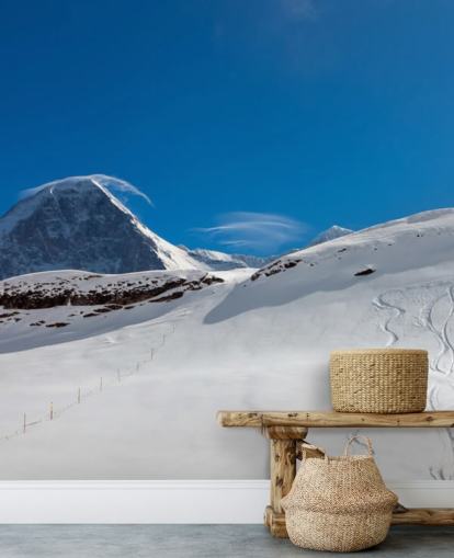blue and white customizable mountain wallpaper called The Eiger for bedrooms, man caves and home offices
