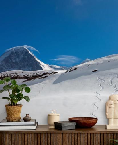 blue and white customizable mountain wallpaper called The Eiger for bedrooms, man caves and home offices