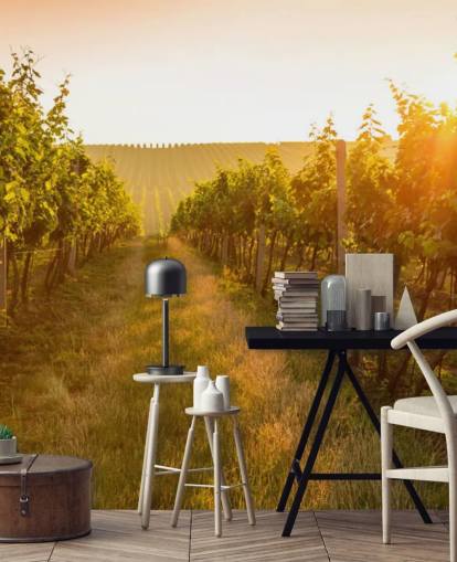Sunrise over a vineyard mural