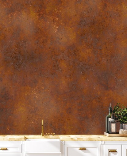 carta da parati in metallo personalizzabile in rame arancione chiamata Rust Effect per cucine 