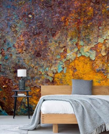 mural de papel pintado oxidado personalizable de cobre naranja llamado Core of Corrosion para cocinas y salones