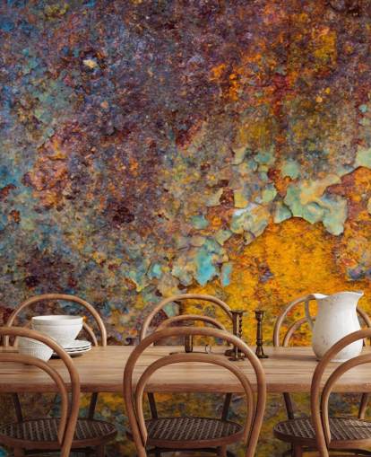 mural de papel de parede de ferrugem personalizável em cobre laranja chamado Core of Corrosion para cozinhas e salões