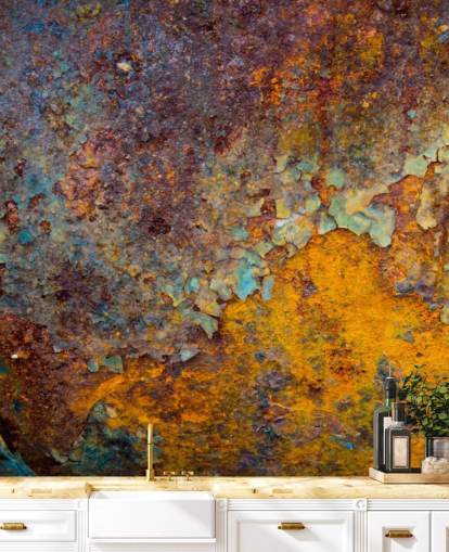 carta da parati murale personalizzabile in rame arancione chiamata Core of Corrosion per cucine e salotti