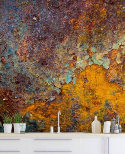 carta da parati murale personalizzabile in rame arancione chiamata Core of Corrosion per cucine e salotti