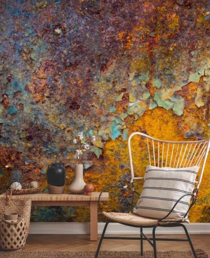 mural de papel pintado oxidado personalizable de cobre naranja llamado Core of Corrosion para cocinas y salones