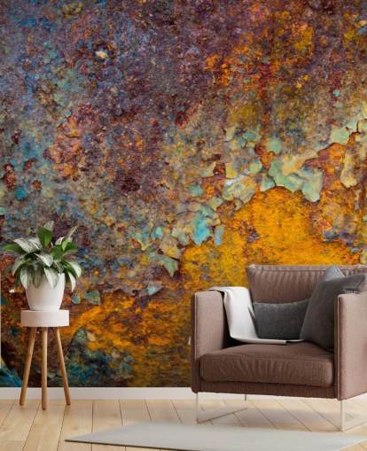 oranje koperen aanpasbare roestbehangmuurschildering genaamd Core of Corrosion voor keukens en lounges
