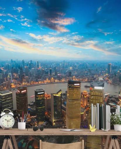 Shanghai in de schemering Shanghai at Dusk Wallpaper 