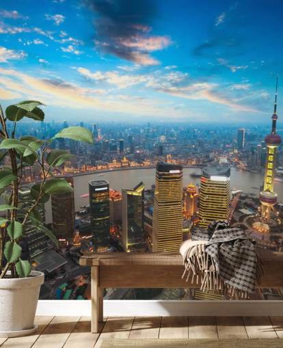 Shanghai in de schemering Shanghai at Dusk Wallpaper 