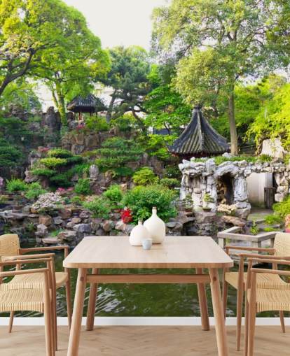 Japanse rotswater tuin muurschildering Japanse rotswater tuin muurschildering