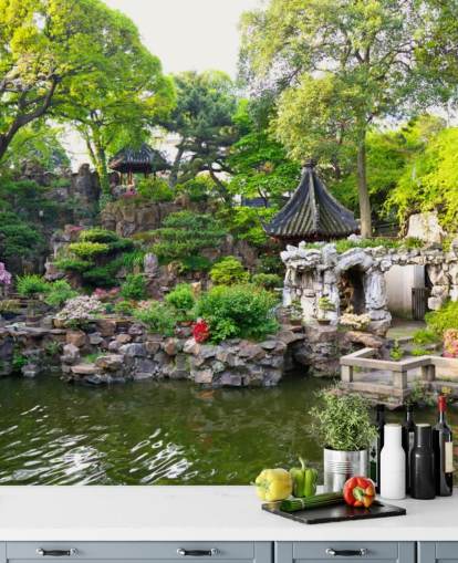 Decorazione murale con giardino giapponese con acqua di roccia