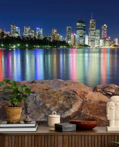 Papier peint Brisbane la nuit reflétant les couleurs sur l'eau