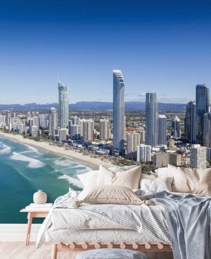 long stretch of beach next to city wallpaper