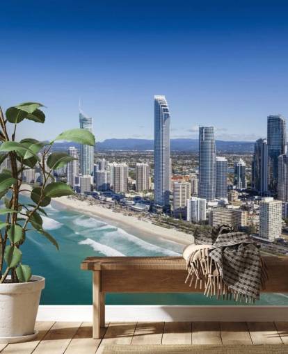 long stretch of beach next to city wallpaper