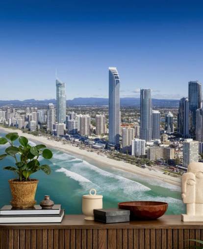 long stretch of beach next to city wallpaper