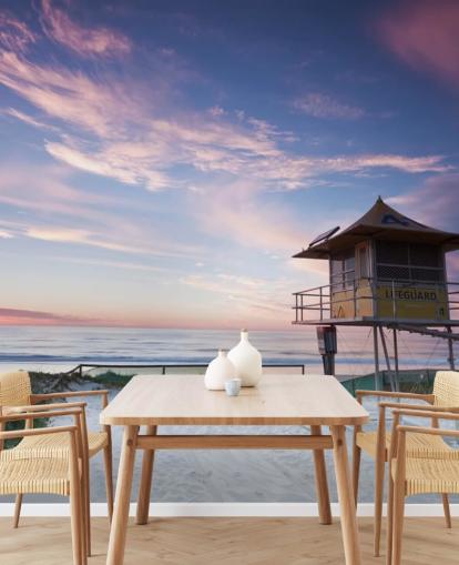 Decorazione murale con capanna bagnino sulla spiaggia al tramonto Decorazione murale con capanna bagnino sulla spiaggia al tramonto