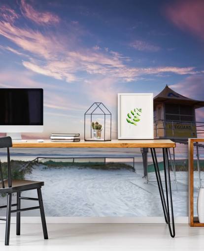 Badevakt hytte på stranden ved solnedgang veggmaleri