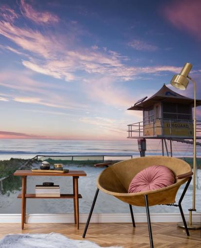 Livredder Hut på Strand ved Sunset Vægmaleri Livredder Hut på Strand ved Sunset Vægmaleri