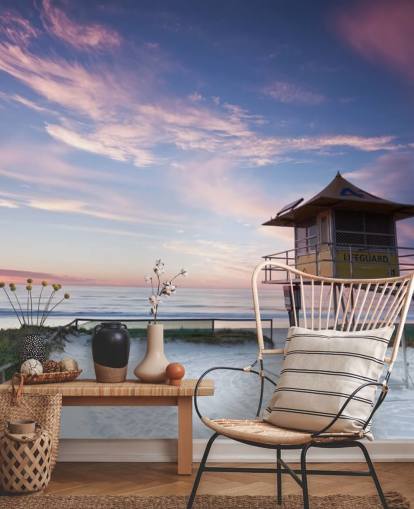 Badmeester Hut op strand bij zonsondergang muurschildering Badmeester Hut op strand bij zonsondergang muurschildering