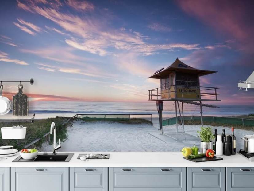 Lifeguard Hut on Beach at Sunset Wall Mural