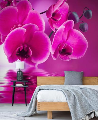 papier peint floral rose personnalisable appelé Pink Orchids pour les spas, les hôtels et les salles de bains