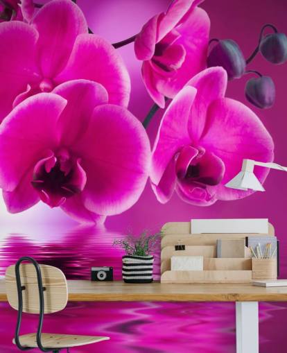 lyserødt tilpasseligt blomstertapet vægmaleri kaldet Pink Orchids til kurbade, hoteller og badeværelser