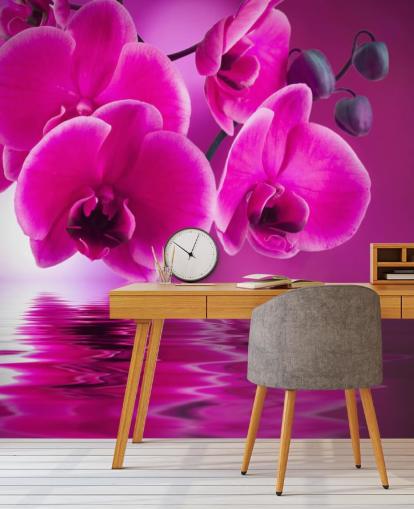 mural rosa personalizable de papel pintado floral llamado Pink Orchids para spas, hoteles y baños