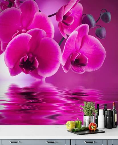 mural rosa personalizable de papel pintado floral llamado Pink Orchids para spas, hoteles y baños