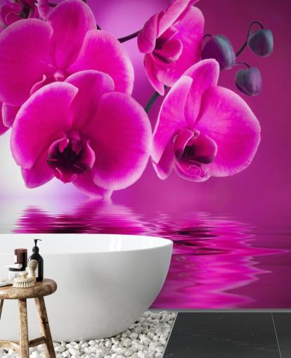 mural rosa personalizable de papel pintado floral llamado Pink Orchids para spas, hoteles y baños