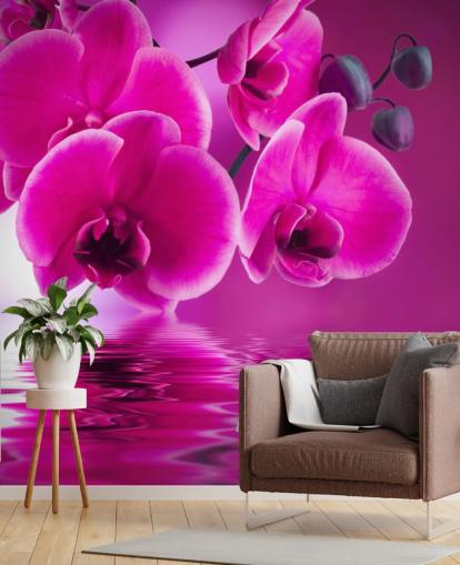 lyserødt tilpasseligt blomstertapet vægmaleri kaldet Pink Orchids til kurbade, hoteller og badeværelser lyserødt tilpasseligt blomstertapet vægmaleri kaldet Pink Orchids til kurbade, hoteller og badeværelser