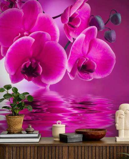 mural de papel de parede floral personalizável rosa chamado Pink Orchids para spas, hotéis e banheiros