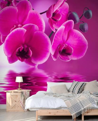 Rosafarbenes personalisierbares Blumentapeten-Wandbild namens Pink Orchids für Spas, Hotels und Badezimmer Rosafarbenes personalisierbares Blumentapeten-Wandbild namens Pink Orchids für Spas, Hotels und Badezimmer