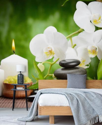 Mural Orquídeas blancas con guijarros y velas