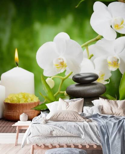 Mural Orquídeas blancas con guijarros y velas