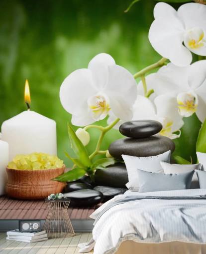 Mural Orquídeas blancas con guijarros y velas Mural Orquídeas blancas con guijarros y velas