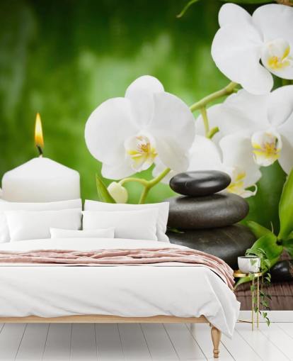 Orquídeas Brancas com Pebbles e Velas Mural Orquídeas Brancas com Pebbles e Velas Mural