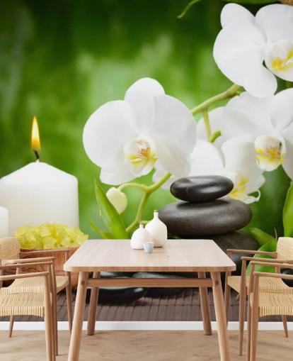 White Orchids with Pebbles and Candles Mural