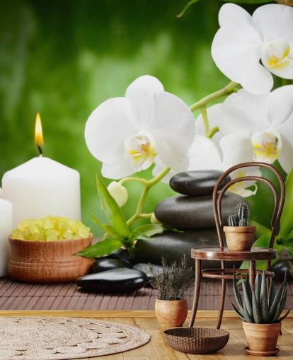 Witte orchideeën met kiezelstenen en kaarsen Muurschildering
