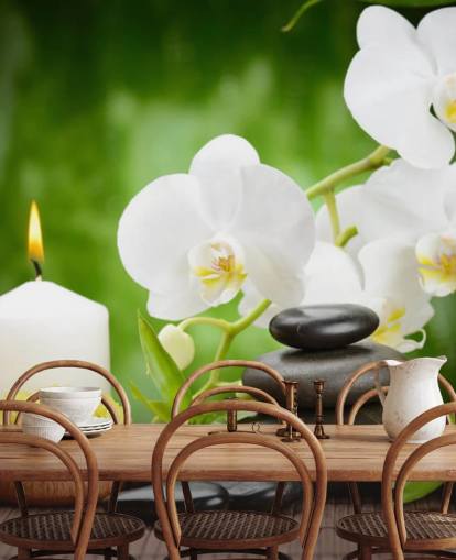 White Orchids with Pebbles and Candles Mural