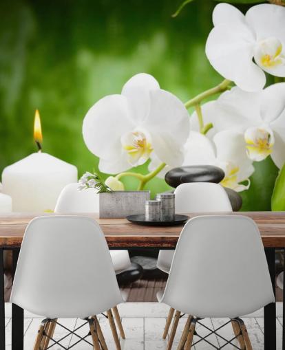 Mural Orquídeas blancas con guijarros y velas
