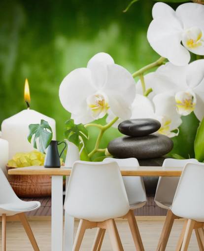 White Orchids with Pebbles and Candles Mural